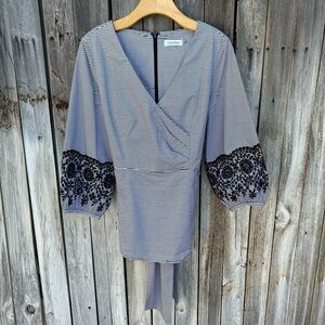 Calvin Klein Embroidered Faux Wrap Top Cotton Black White 12